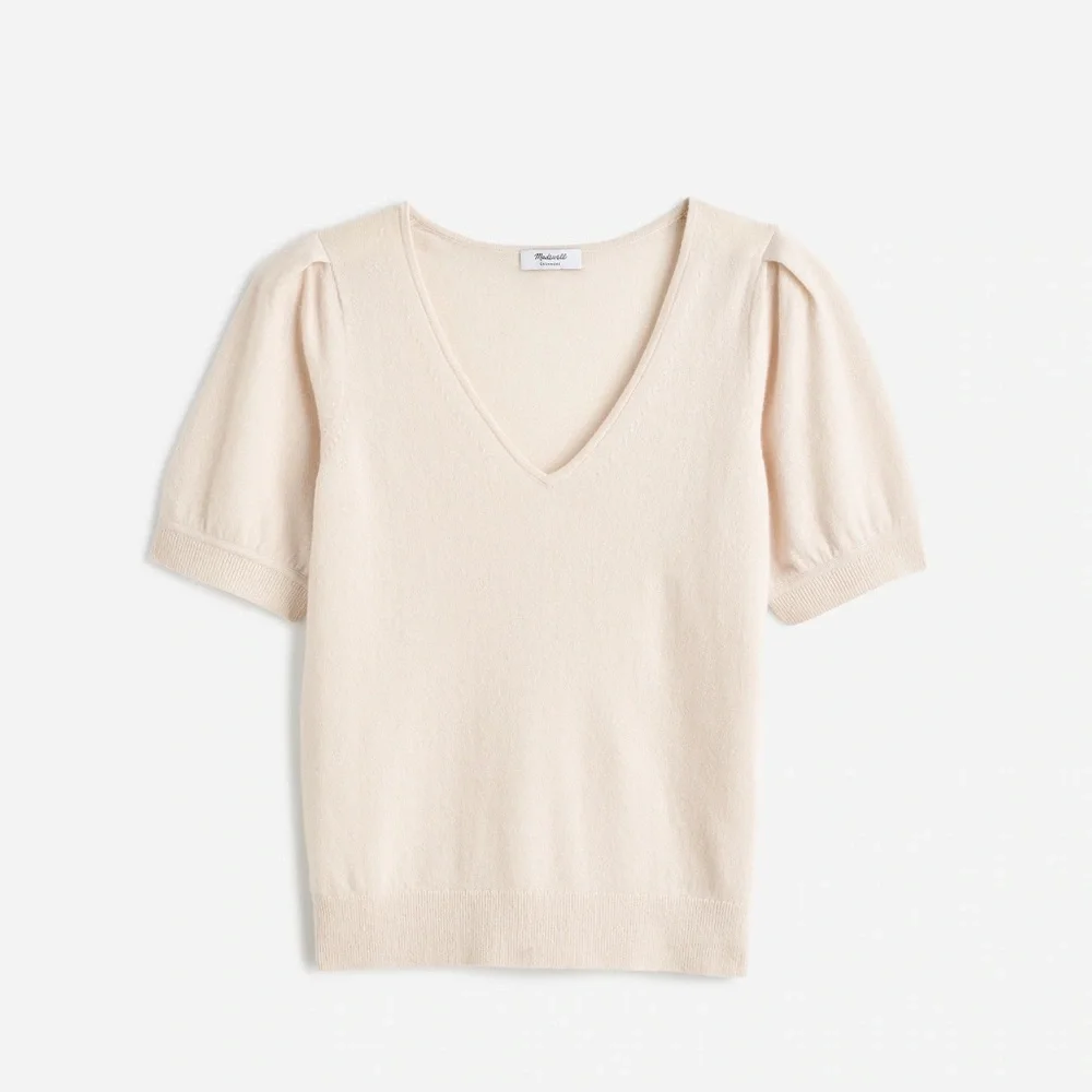 Madewell Cashmere V-Neck Puff-Sleeve Sweater Tee - Picture 1 of 4